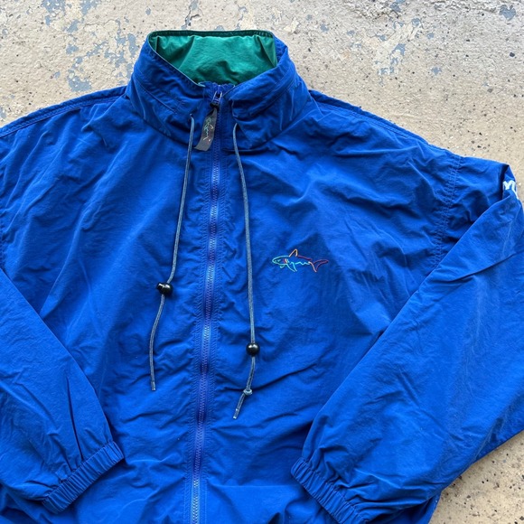 90s Greg Norman Mens Large Blue Golf Windbreaker Jacket Shark Logo Compaq Nylon